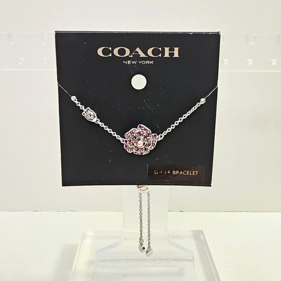 Coach Silver Rose Slider Bracelet‎ With Pink Crystal & Pearl Embellishments NWT - Picture 3 of 8